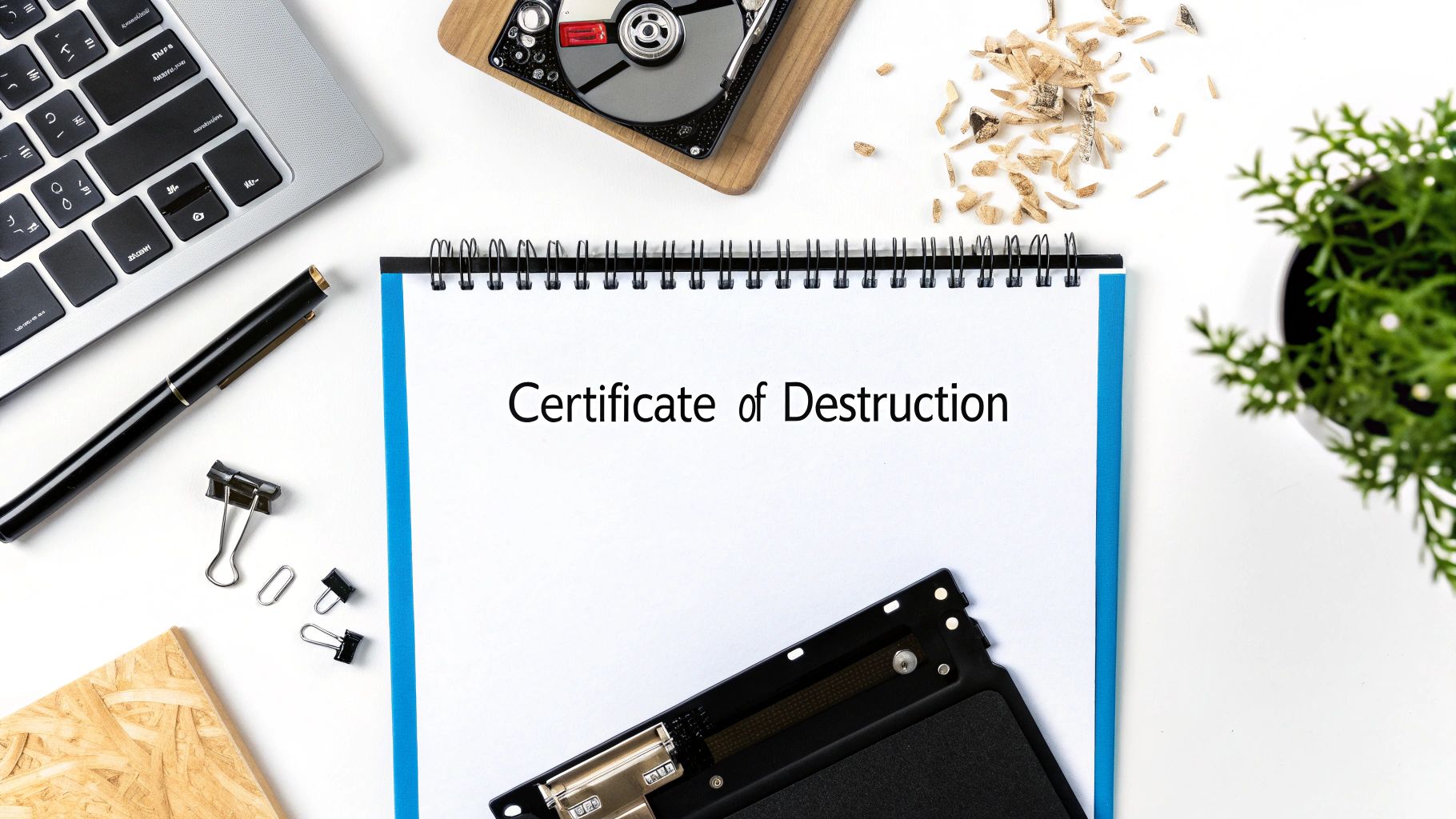 Overhead view of a flat lay with a laptop, a pen, shredded hard drives, and a 'Certificate of Destruction' notebook.