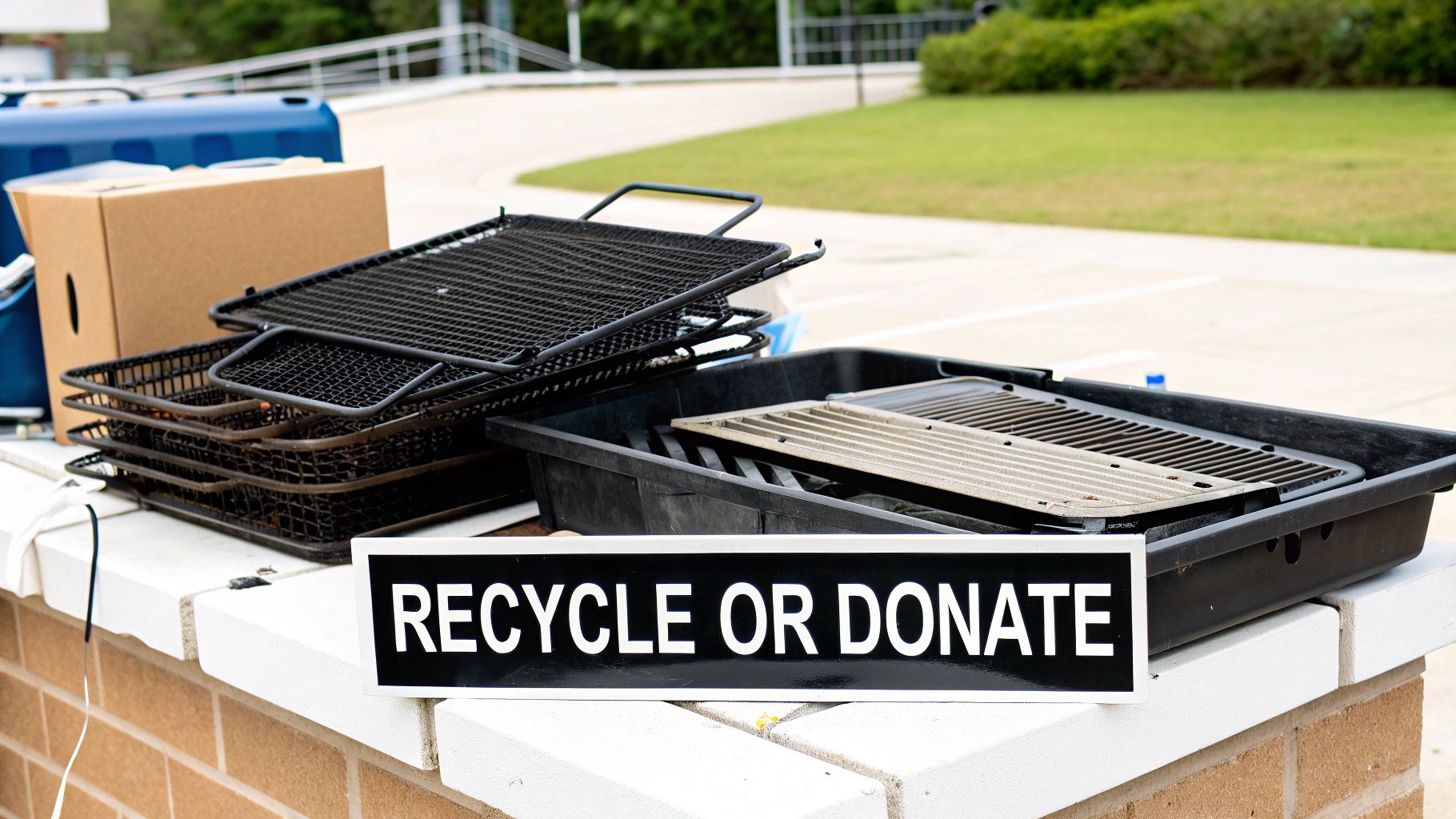 Grill grates, a plastic bin, and a box on a ledge with a 'RECYCLE OR DONATE' sign.