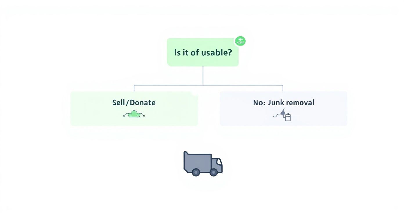 Infographic decision tree on how to dispose of furniture, showing if it's usable to sell or donate, and if not, to use junk removal.