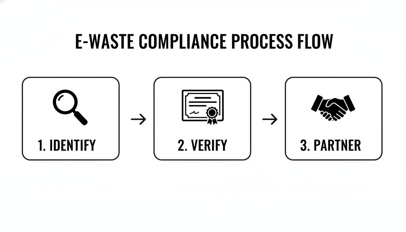 Flowchart illustrating the E-waste compliance process flow: Identify, Verify, and Partner with relevant icons.
