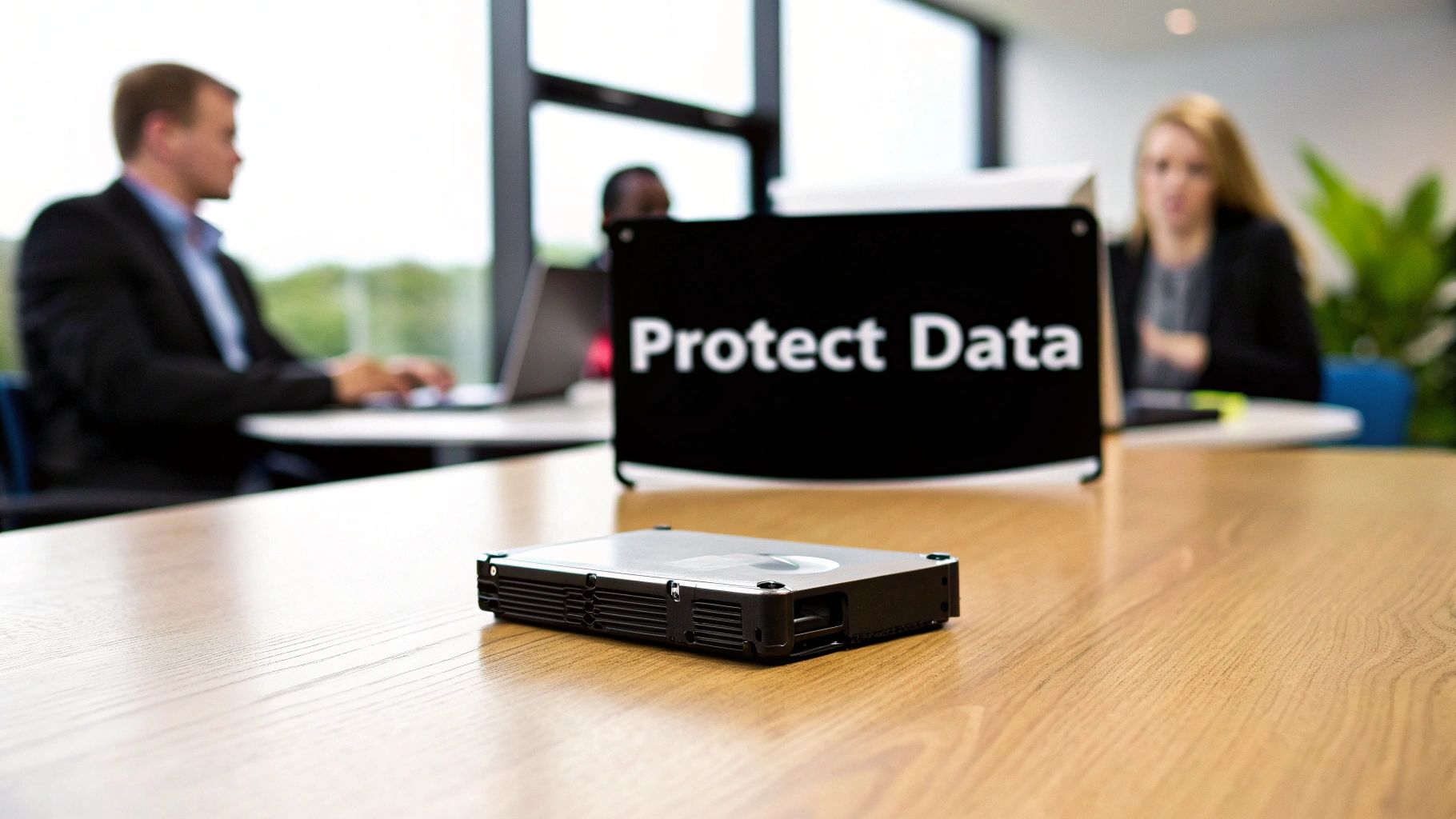 A black external hard drive on a wooden desk, with a 'Protect Data' sign and blurred office workers.
