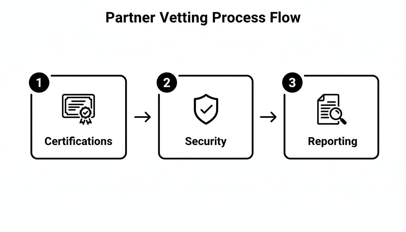 A diagram illustrating the Partner Vetting Process Flow with three steps: Certifications, Security, and Reporting.