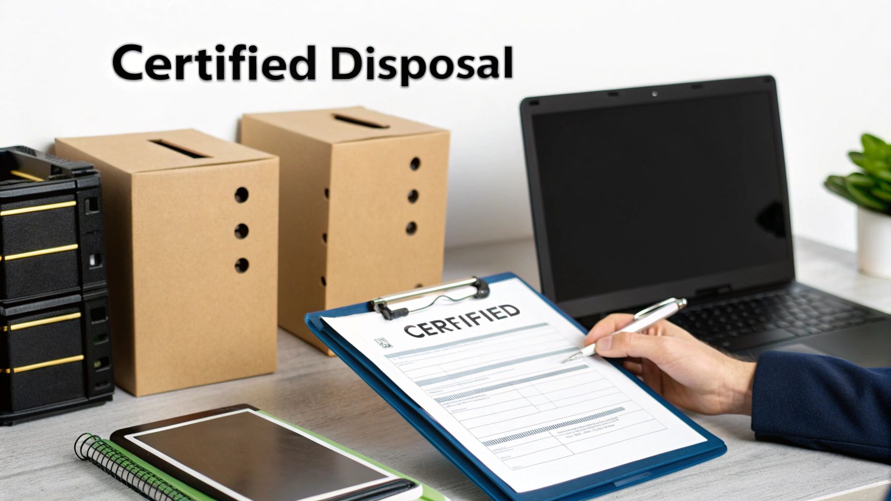 Person signing a certified disposal document with secure collection boxes and a laptop on a desk.