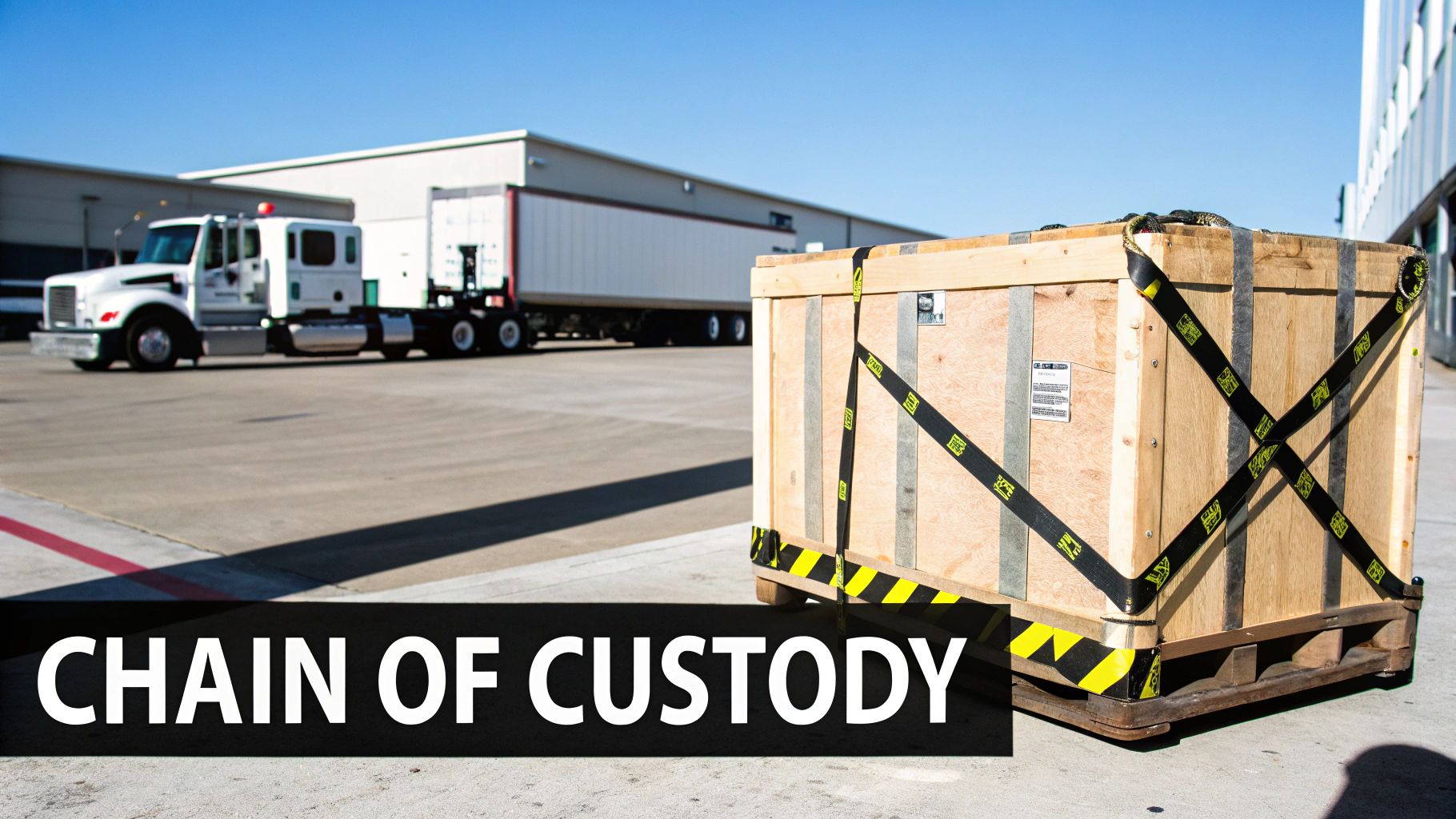 A secured wooden crate on a pallet in a logistics facility, with a semi-truck, symbolizing chain of custody.