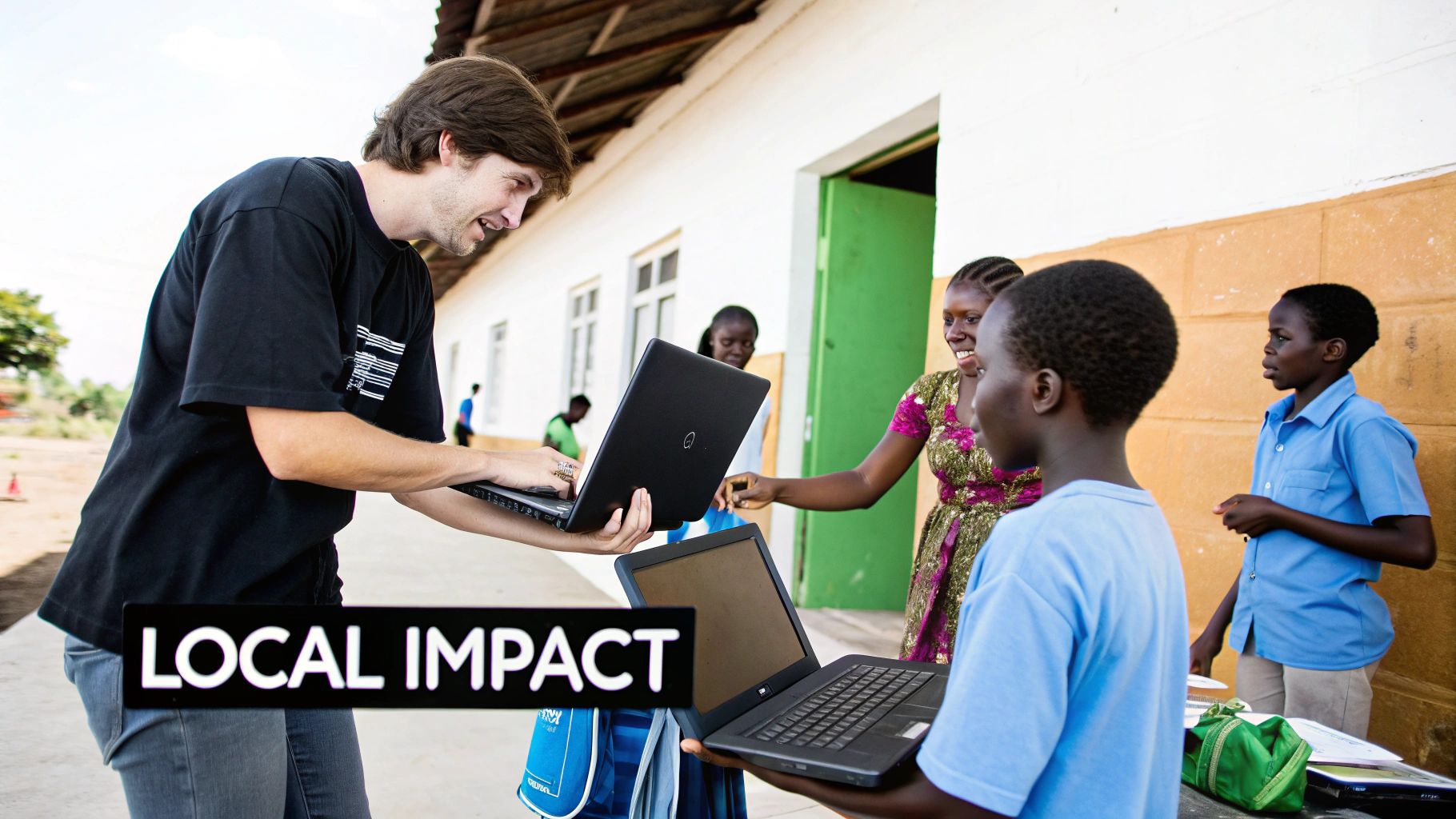A volunteer distributes laptops to children and adults in a community setting, demonstrating local technology impact.