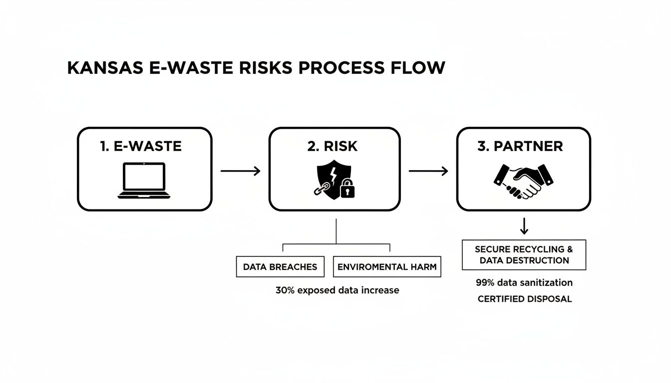 Flowchart detailing Kansas e-waste risks, including data breaches, environmental harm, and secure recycling solutions.