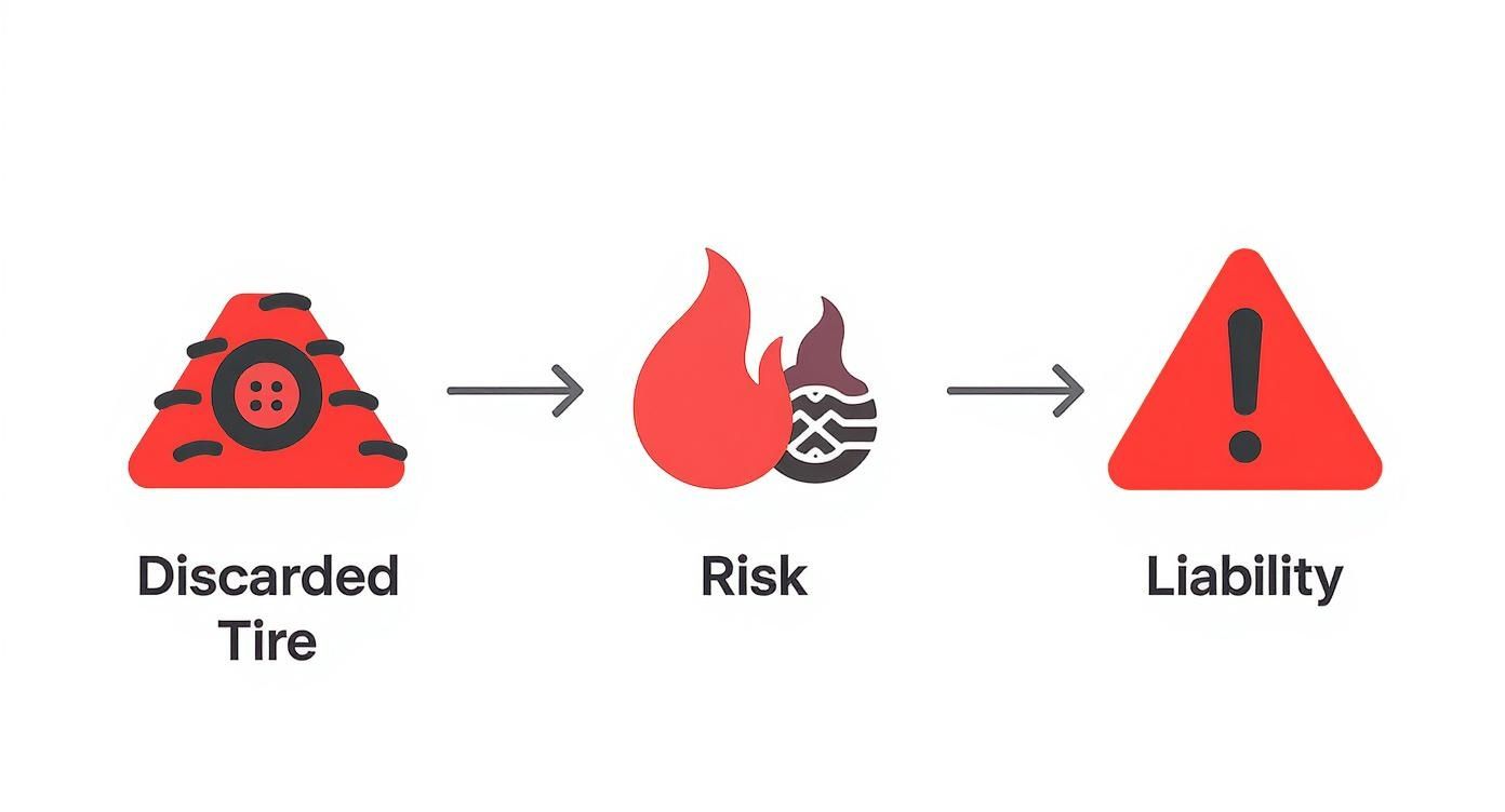 Diagram illustrating that discarded tires lead to environmental risk, symbolized by fire, and ultimately legal liability.