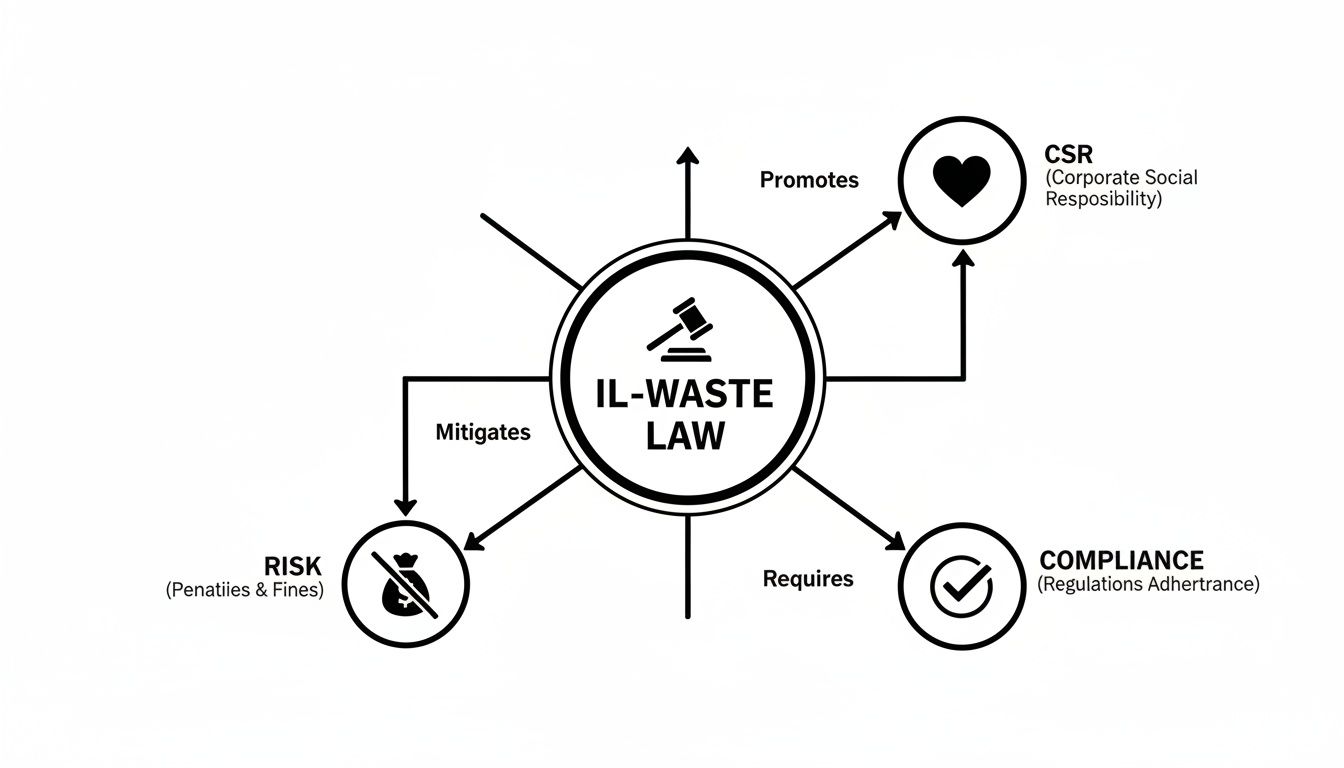 Diagram illustrating IL-Waste Law's impact, promoting CSR, mitigating risk, and requiring compliance.