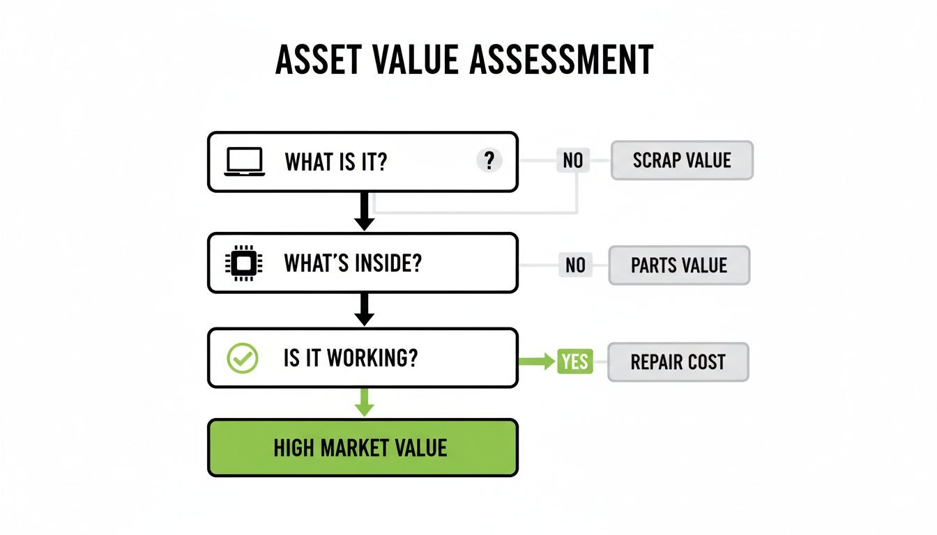 A flowchart for asset value assessment, starting with identifying the item, checking its components, and testing if it works.