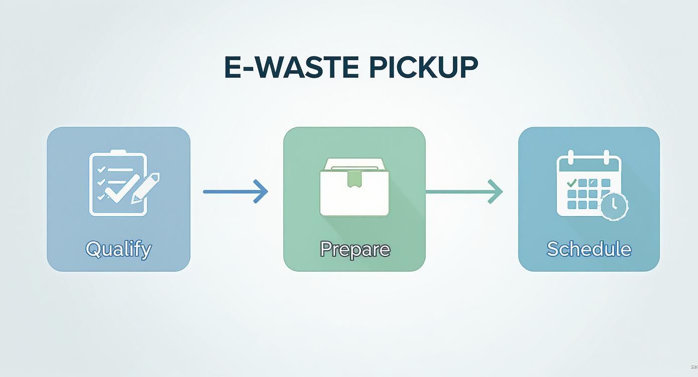 A three-step process for e-waste pickup: Qualify, Prepare, and Schedule, depicted with icons and arrows.