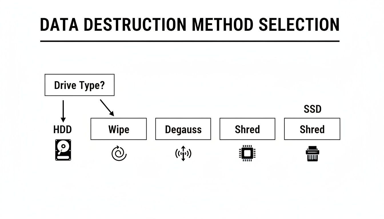 Flowchart illustrating data destruction methods: wipe, degauss, and shred options for HDD and SSD.