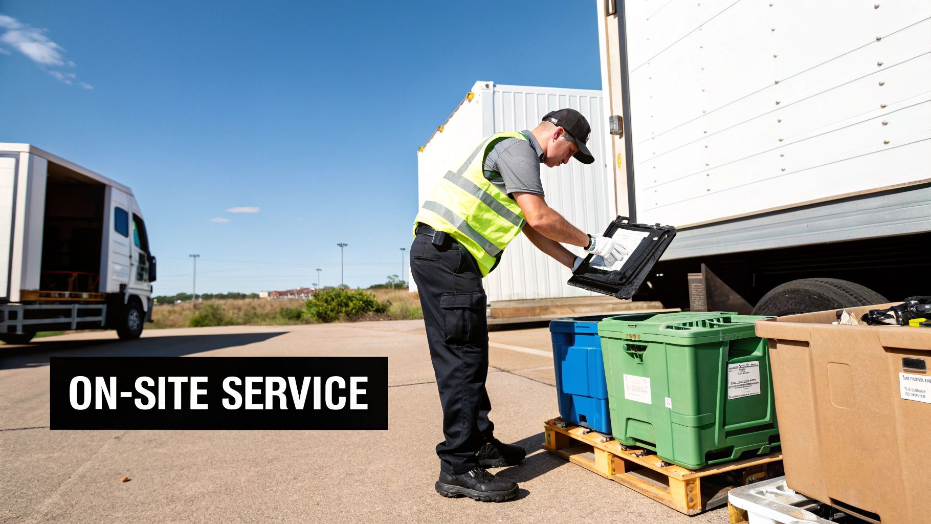 Worker in hi-vis vest checks documents near recycling bins and trucks at an on-site service.