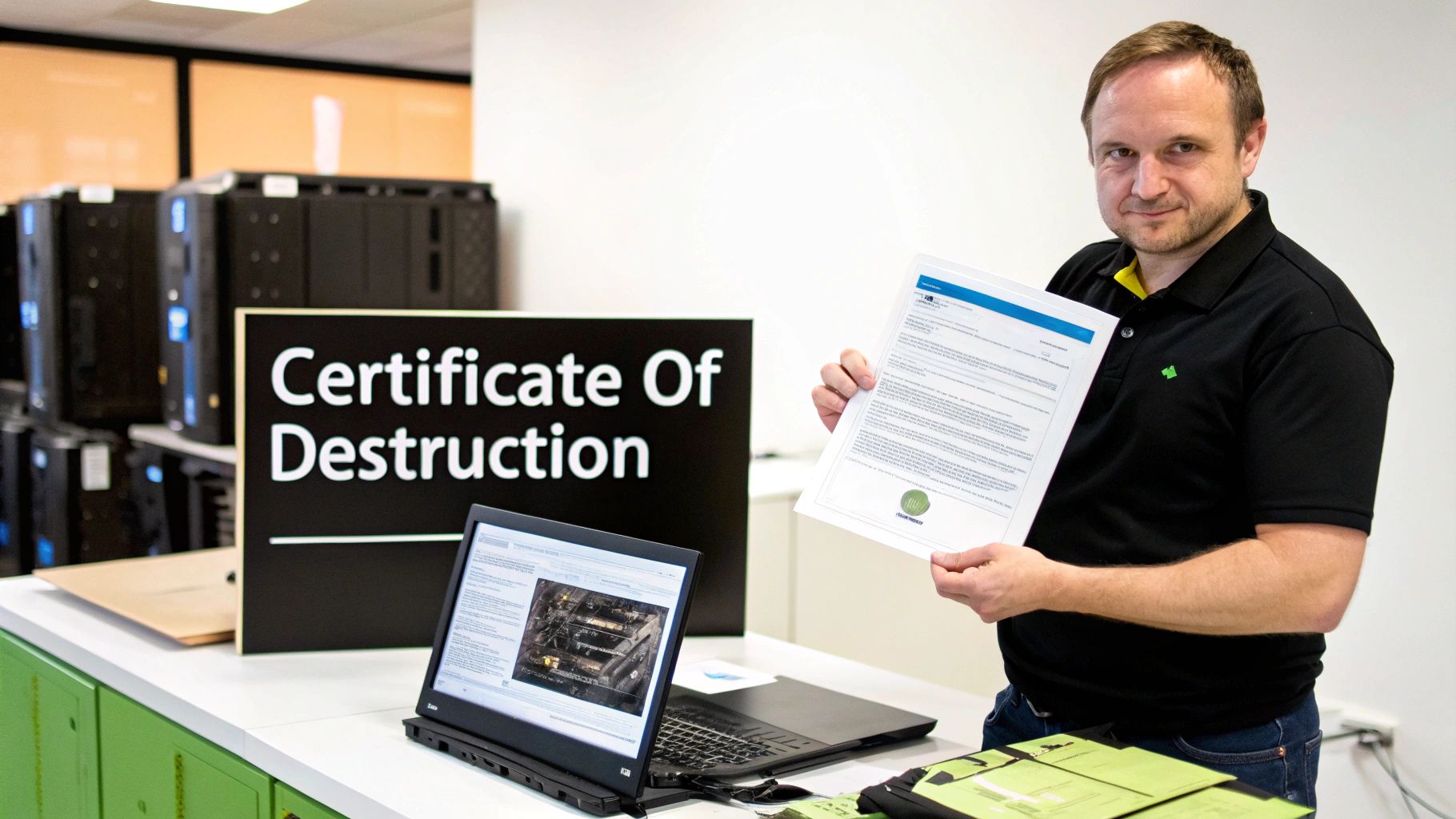A man holds a "Certificate of Destruction" document next to a laptop and old computer towers.