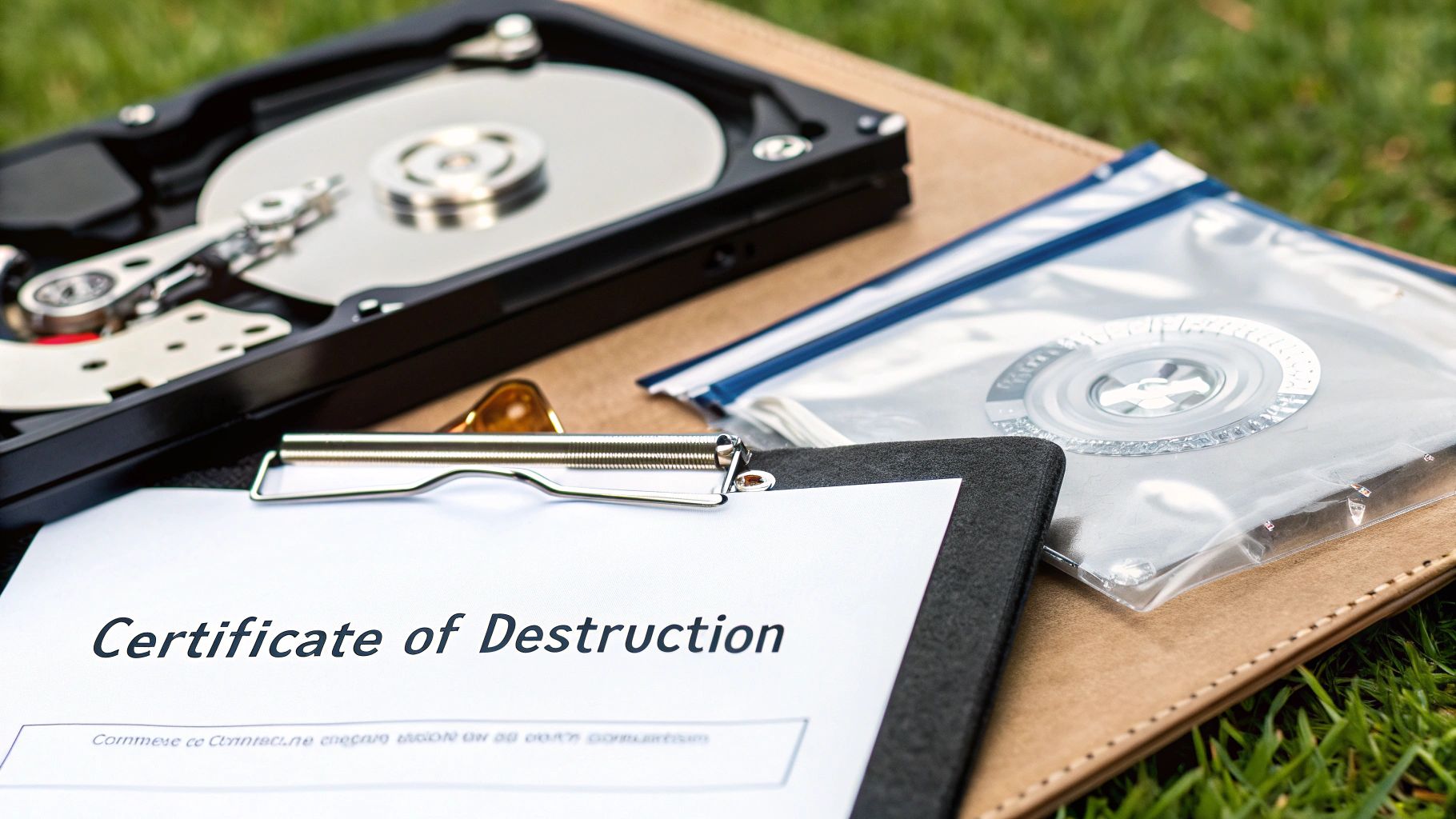 Open hard drive, optical disk, and data destruction certificate on a clipboard on grass.