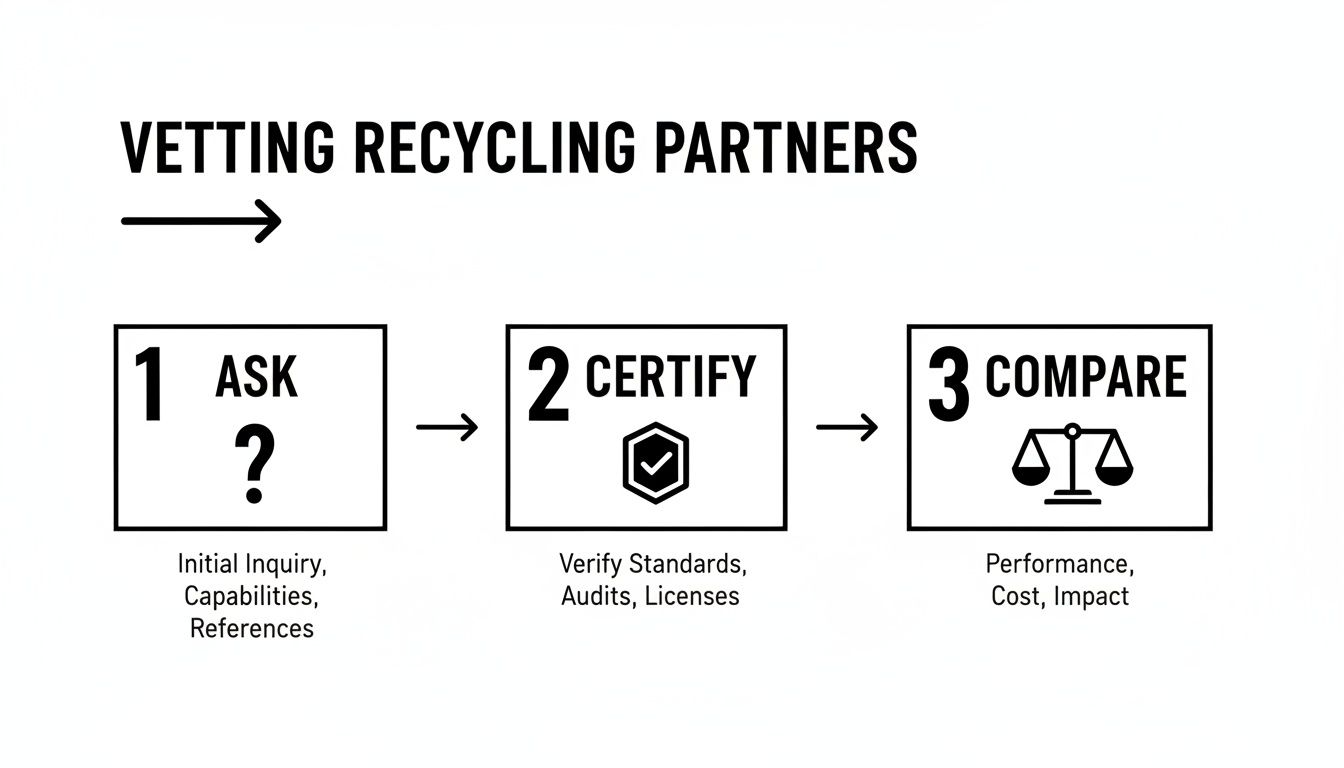 Flowchart detailing the three-step process for vetting recycling partners: Ask, Certify, Compare.