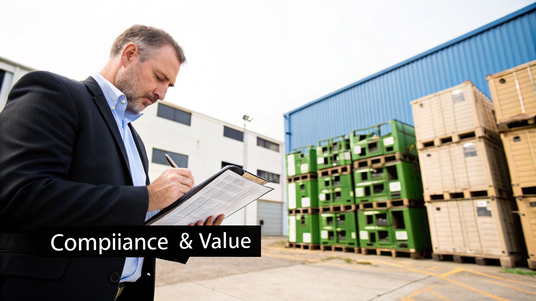 A man in a suit writes on a clipboard, inspecting stacked industrial containers and buildings outdoors.