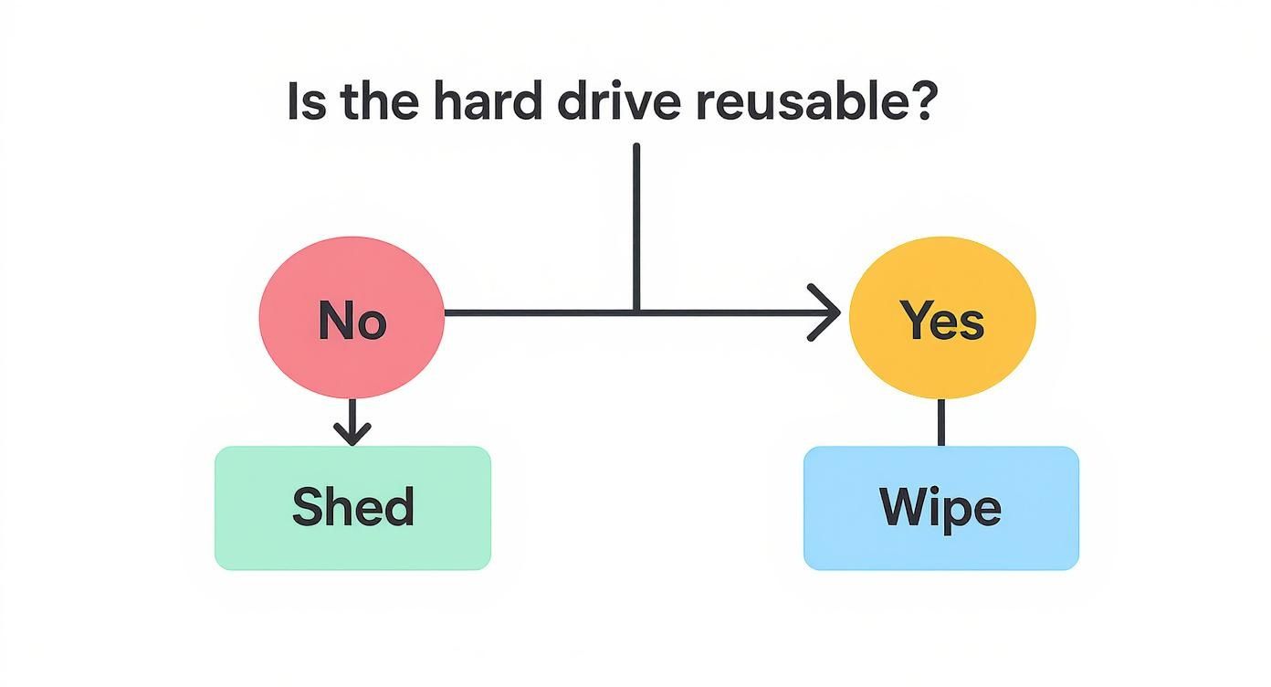 An infographic decision tree shows a hard drive. An arrow asks 'Is the hard drive reusable?'. If 'Yes', it points to an eraser icon labeled 'Wipe'. If 'No', it points to a shredder icon labeled 'Shred'.