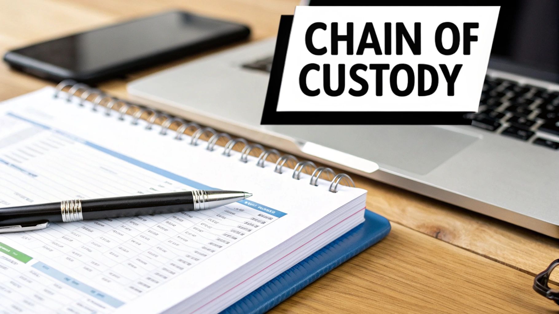 A desk setup with a laptop, notebook, pen, and smartphone, featuring a prominent sign that reads 'CHAIN OF CUSTODY'.