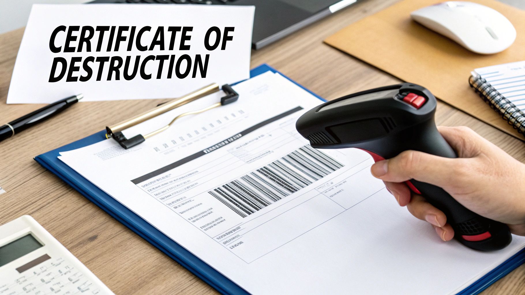 A hand scans a barcode on a 'Certificate of Destruction' document, highlighting secure data destruction.