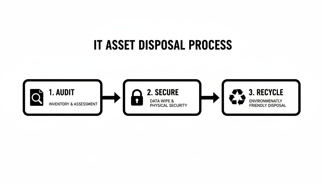 Flowchart illustrating the 3-step IT asset disposal process: audit, secure, and recycle.