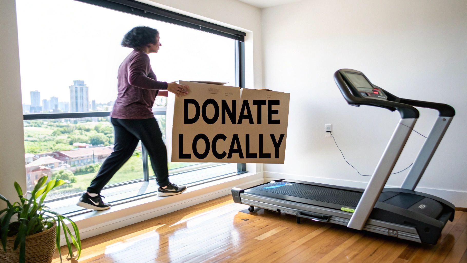 Person carrying a 'DONATE LOCALLY' box past a window with a city view and a treadmill nearby.