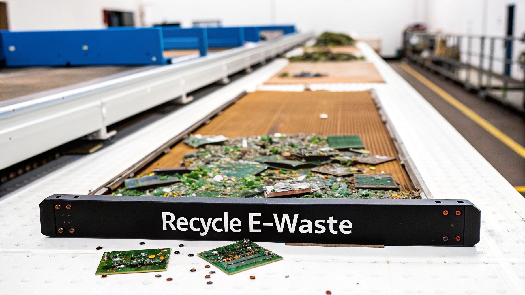 Electronic waste (e-waste) being sorted on an industrial conveyor belt, with a prominent 'Recycle E-Waste' sign.
