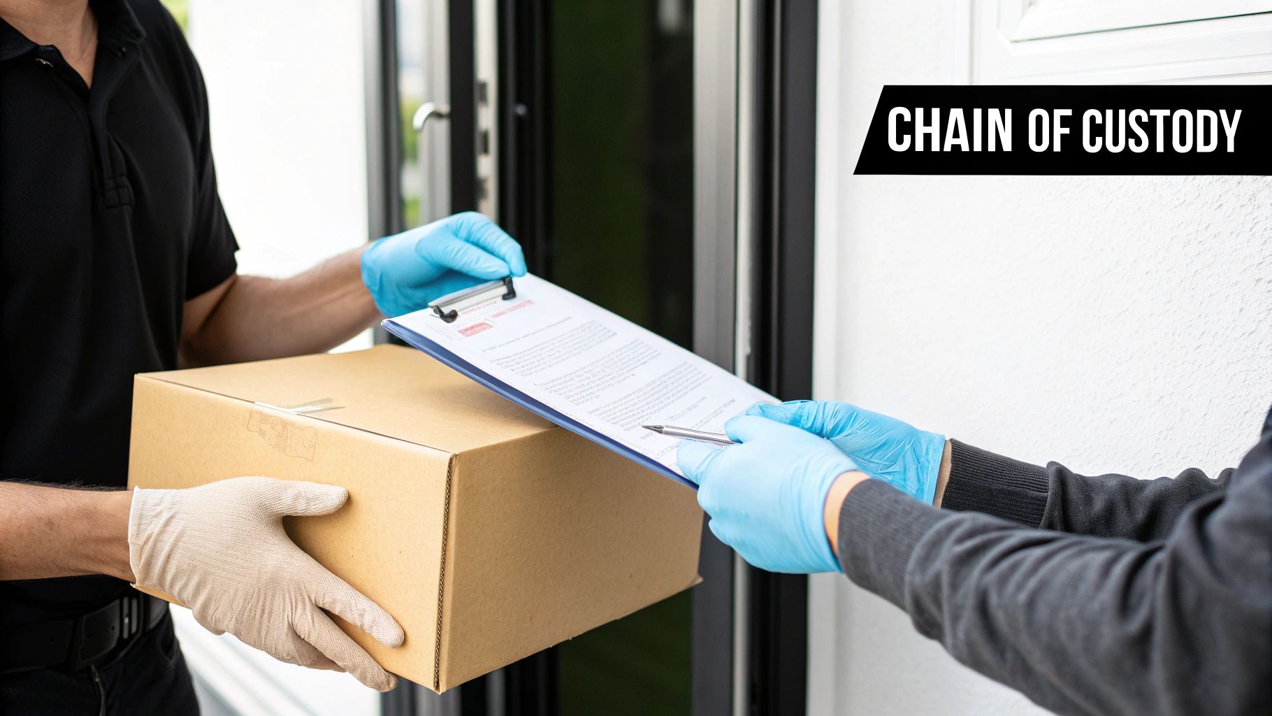 Two people wearing gloves during a secure package delivery, one signing a chain of custody document.
