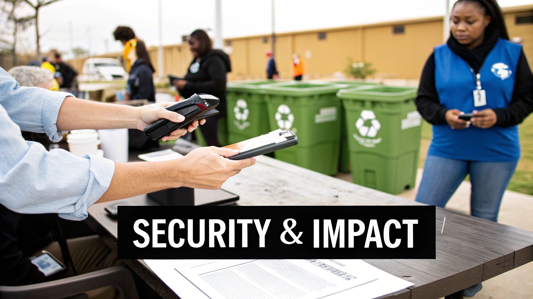 Hands scanning documents at an outdoor event with recycling bins and 'SECURITY & IMPACT' text.