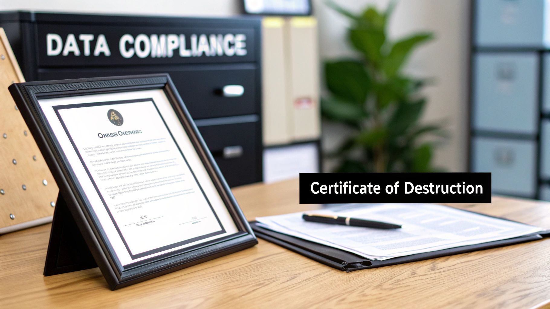 A framed document and a 'Certificate of Destruction' on a wooden desk with a 'Data Compliance' sign.