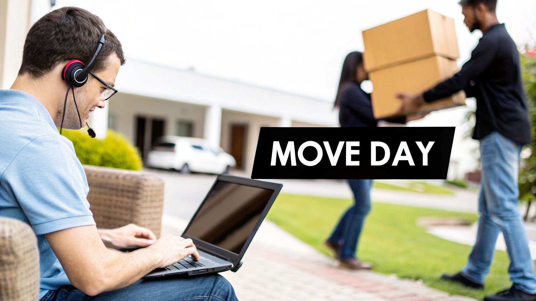 A man with a headset works on a laptop as people move boxes in the background, with 'MOVE DAY' text.