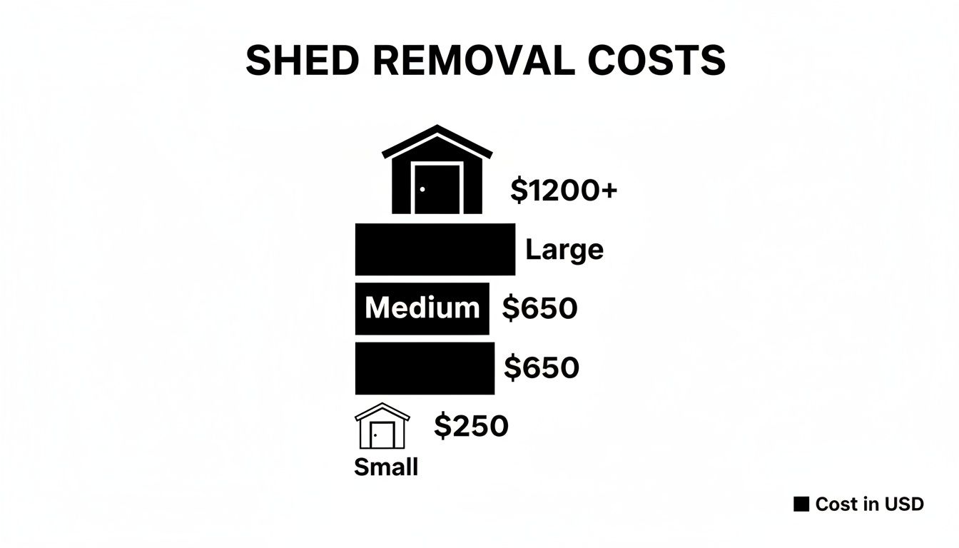 Shed removal cost breakdown infographic showing prices for Large ($1200+), Medium ($650), and Small ($250) sheds.
