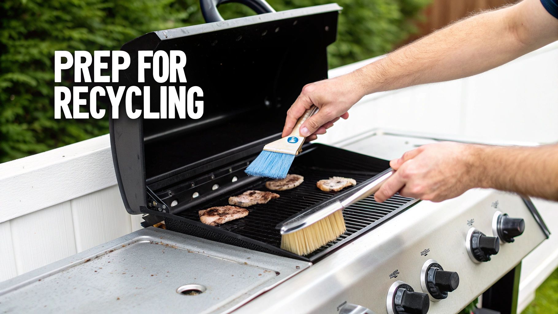 A person cleaning a gas grill to prepare it for disposal.