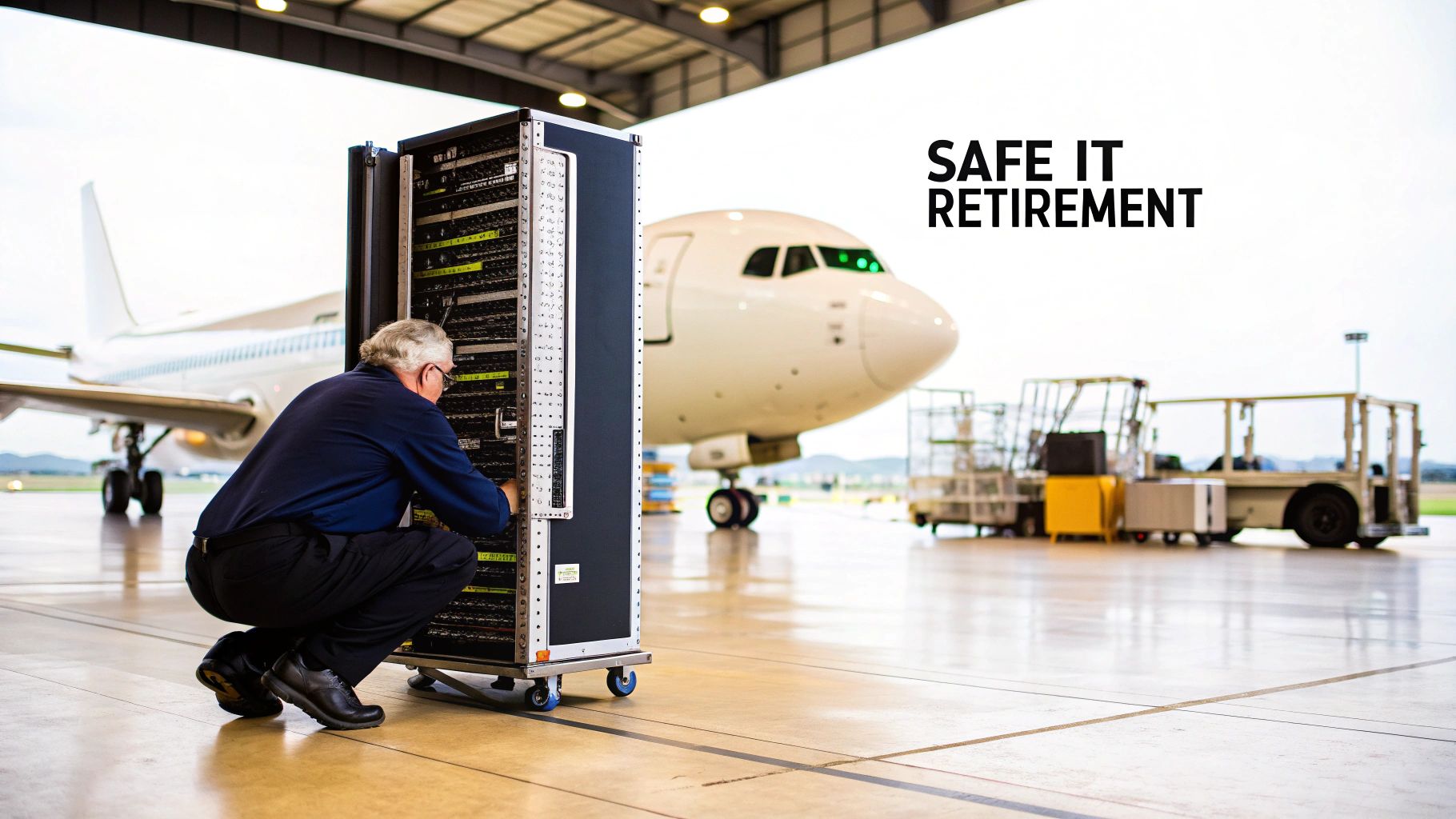 A professional sorting through old computer equipment in a warehouse, representing the ITAD process.