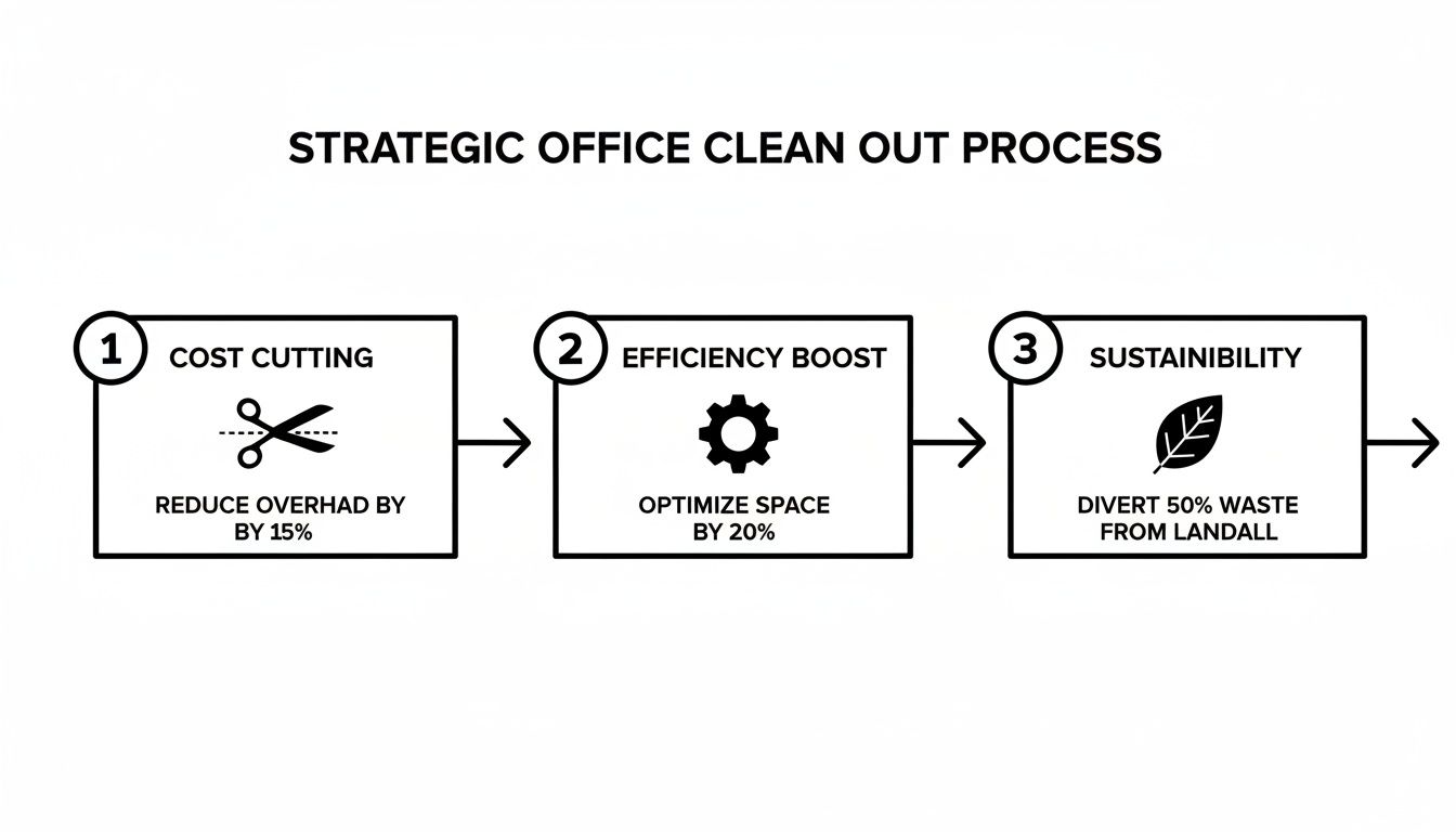 A strategic office clean out process flowchart detailing goals for cost cutting, efficiency, and sustainability.
