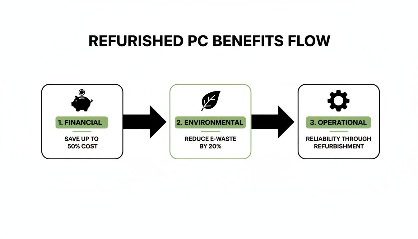 Flowchart showing financial, environmental, and operational benefits of refurbished PCs: cost savings, e-waste reduction, and reliability.
