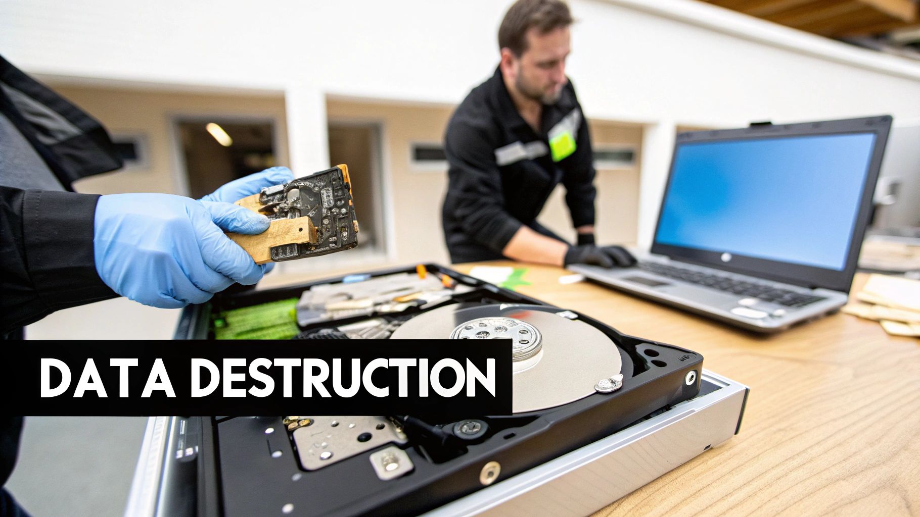 A technician in blue gloves holds a circuit board over an open hard drive, symbolizing data destruction.