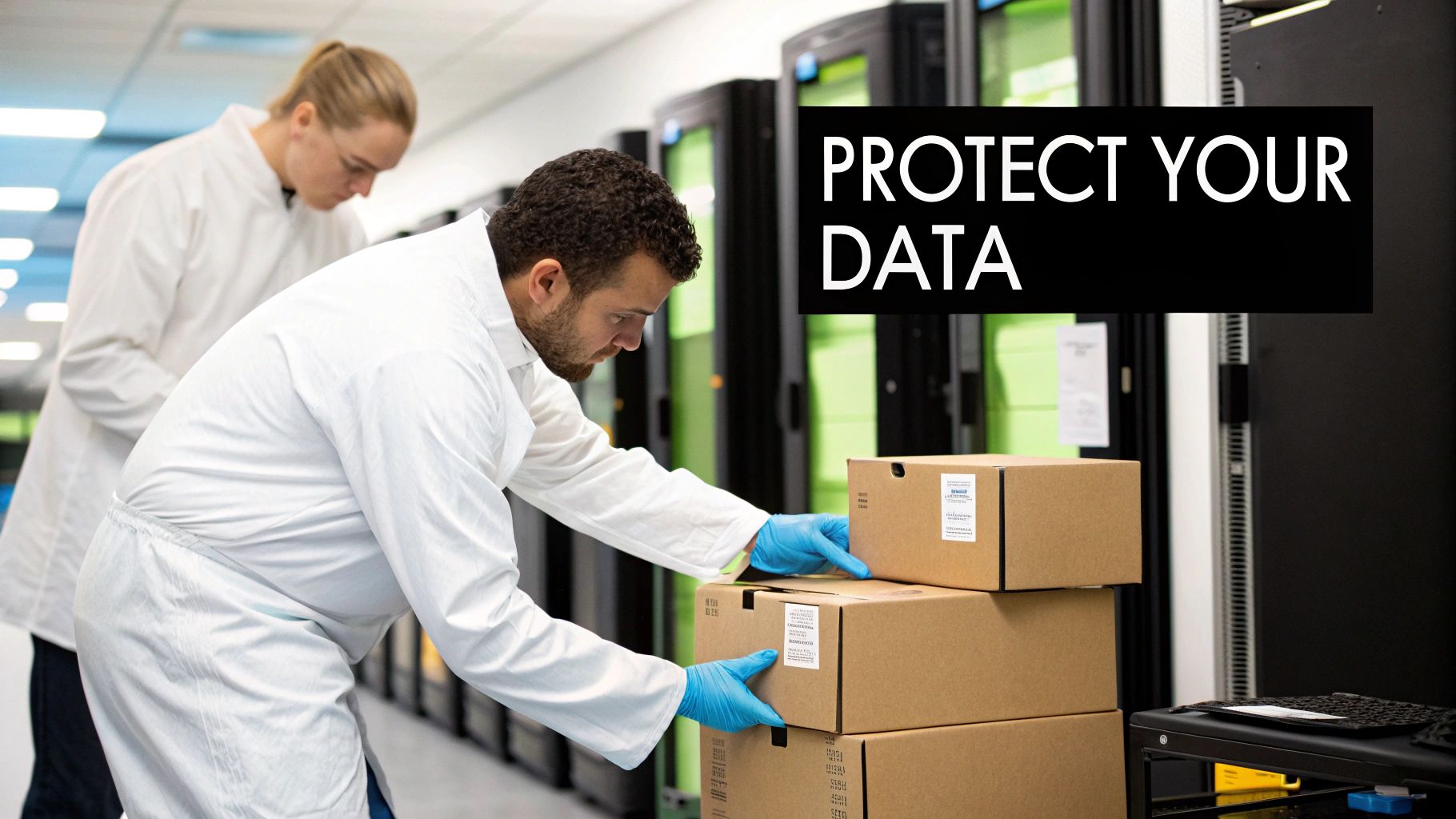 Two technicians in a data center handle boxes, emphasizing data protection and secure electronics recycling.