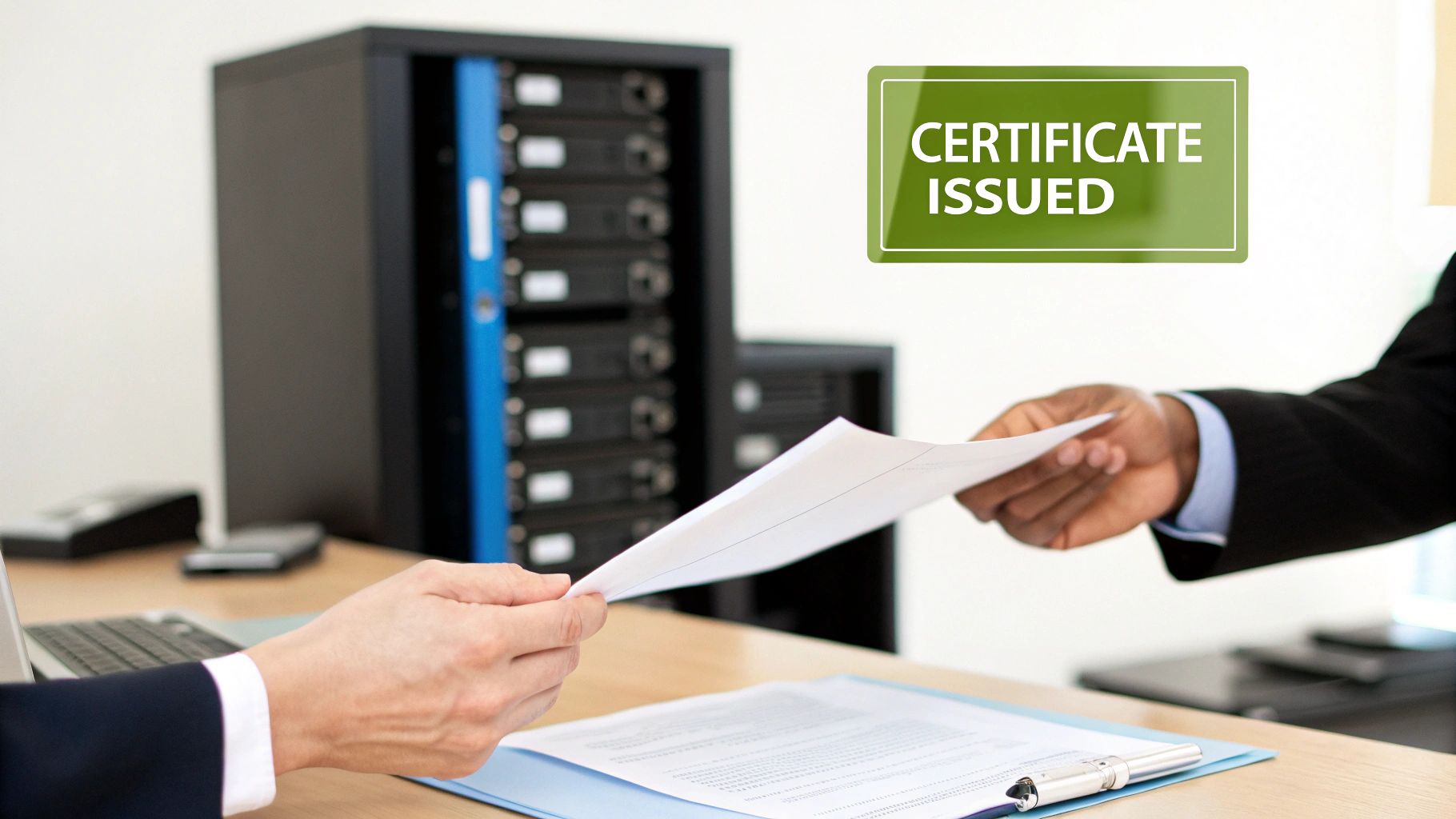 Two individuals exchanging a document, with a 'CERTIFICATE ISSUED' overlay, against a server rack background.