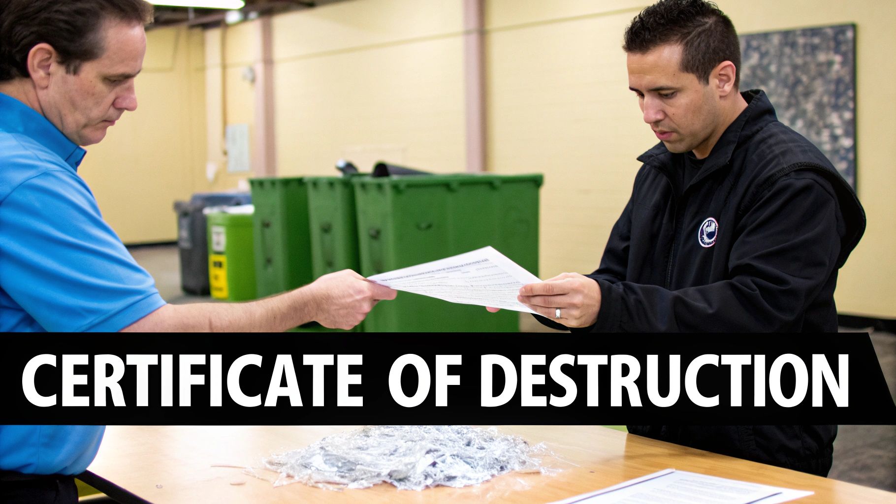 Technician scanning a hard drive serial number before shredding.