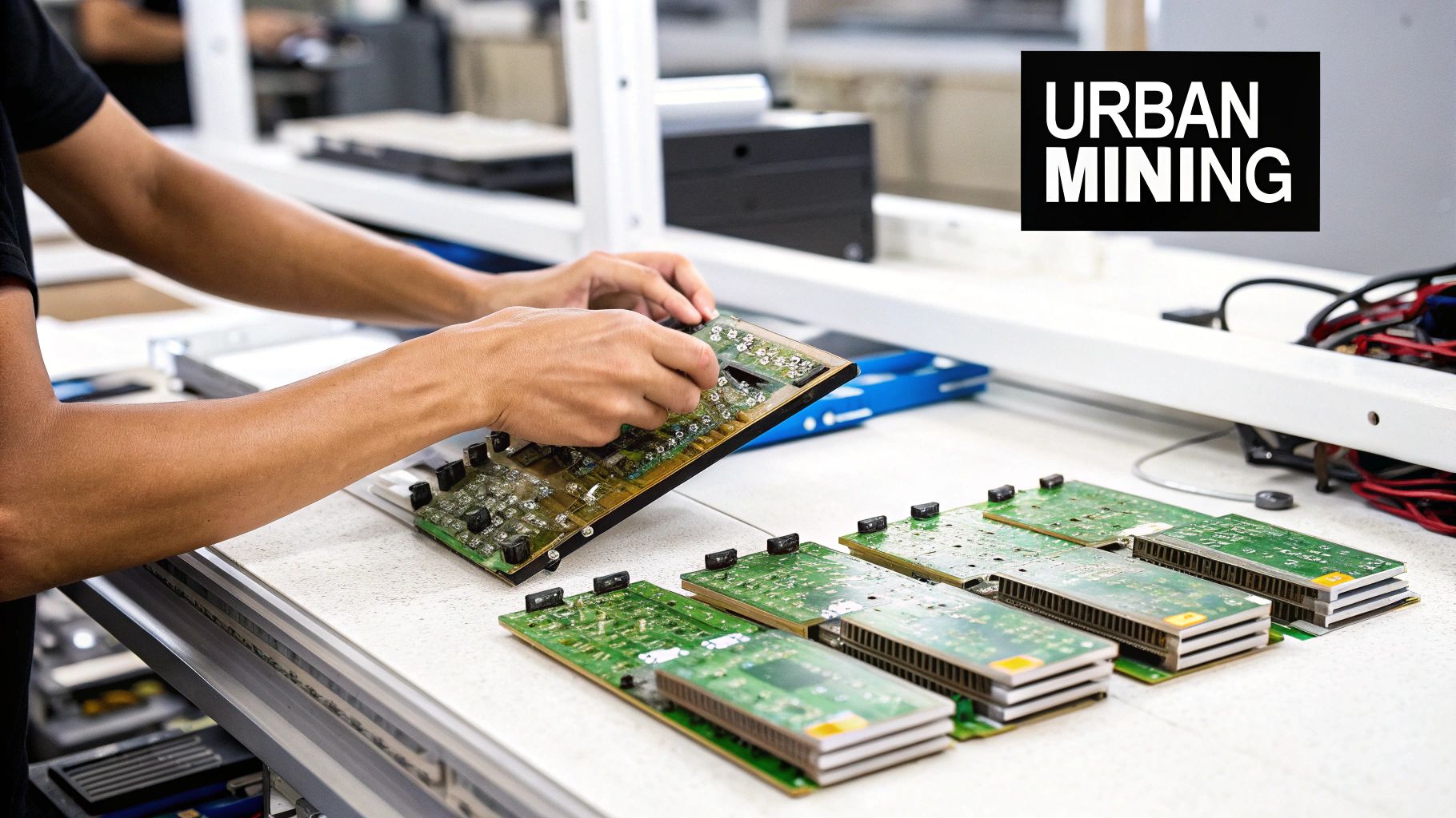 Person's hands working on complex circuit boards for electronic recycling, labeled 'URBAN MINING'.