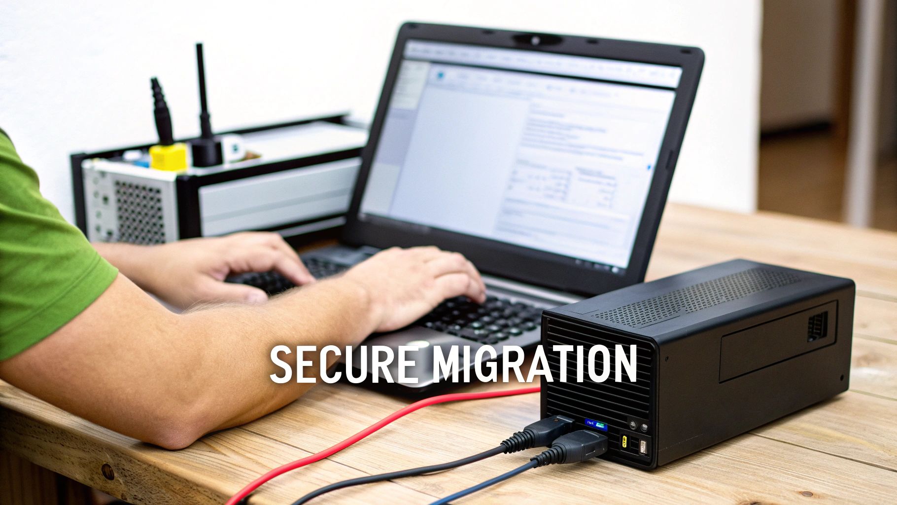A person types on a laptop connected to an external server unit, illustrating secure data migration.