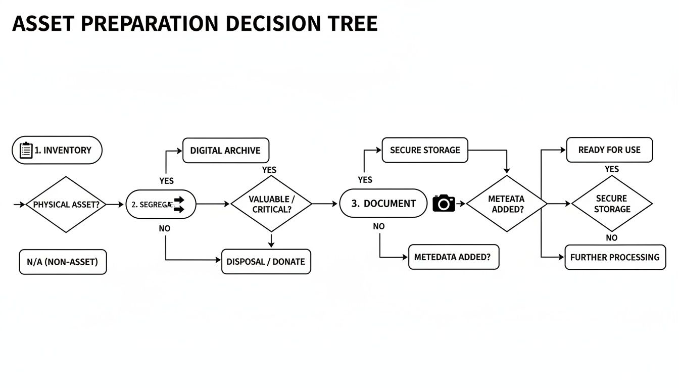 Flowchart outlining the asset preparation decision process from inventory to storage or disposal.
