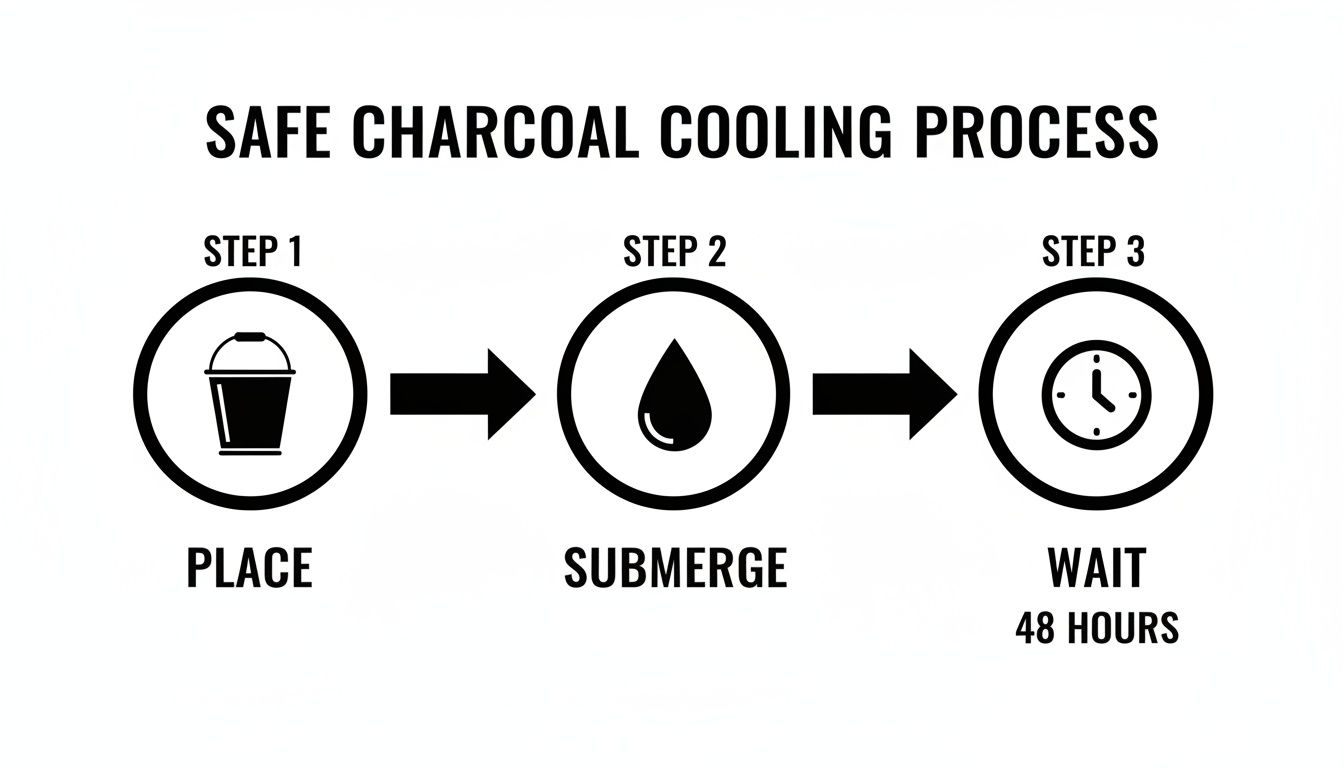 An infographic detailing the safe charcoal cooling process: place, submerge, and wait 48 hours.