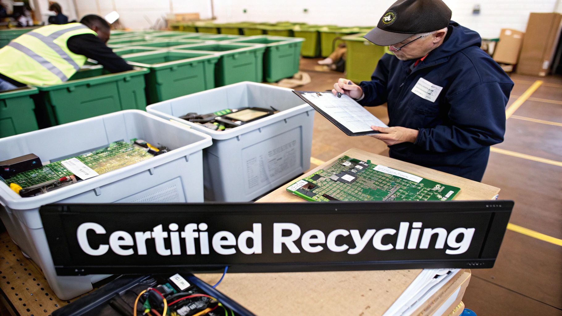 Worker inspecting electronic circuit boards at certified recycling facility with documentation clipboard