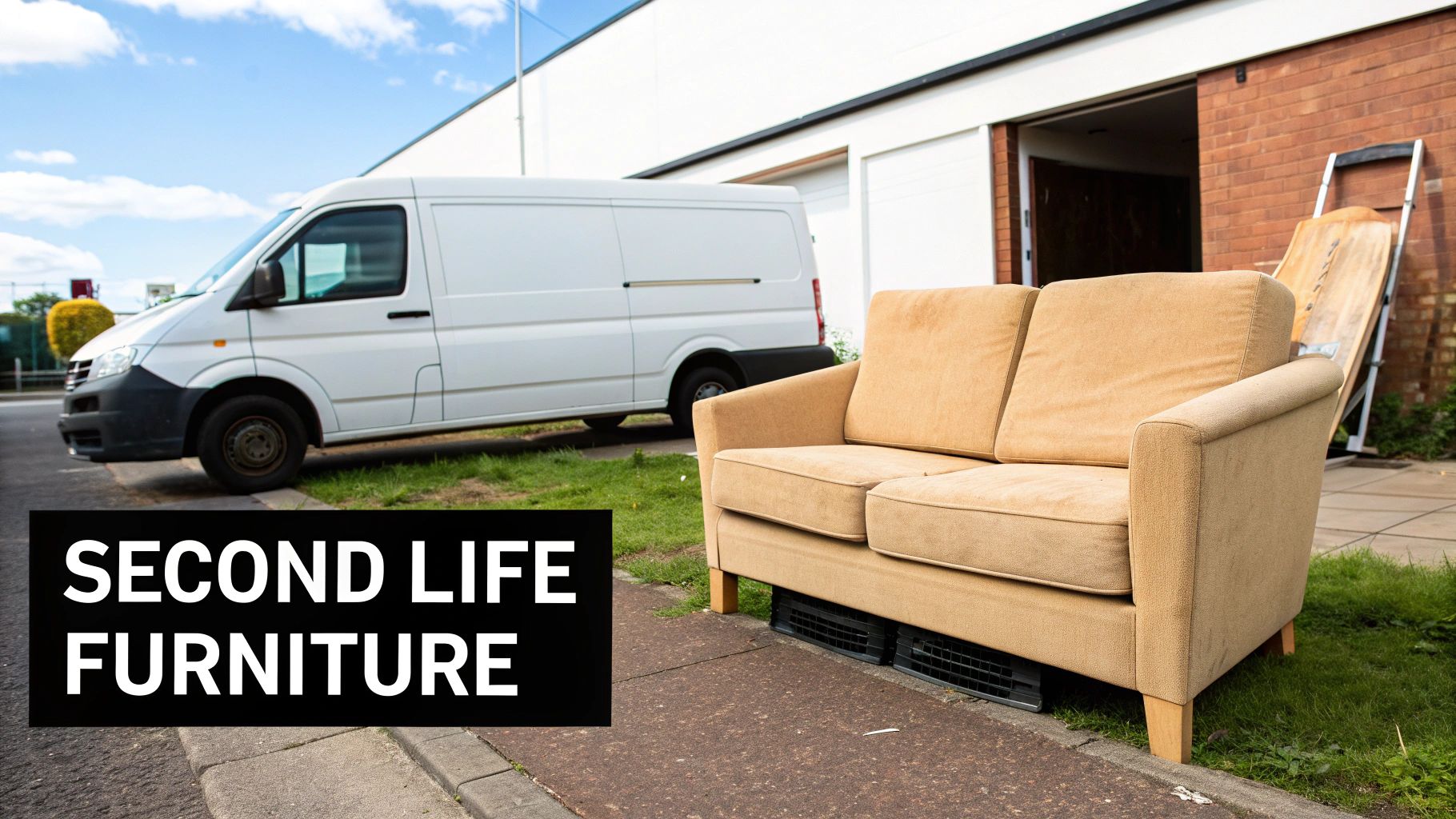 A beige two-seater sofa on a sidewalk with a white van in the background, labeled 'SECOND LIFE FURNITURE'.