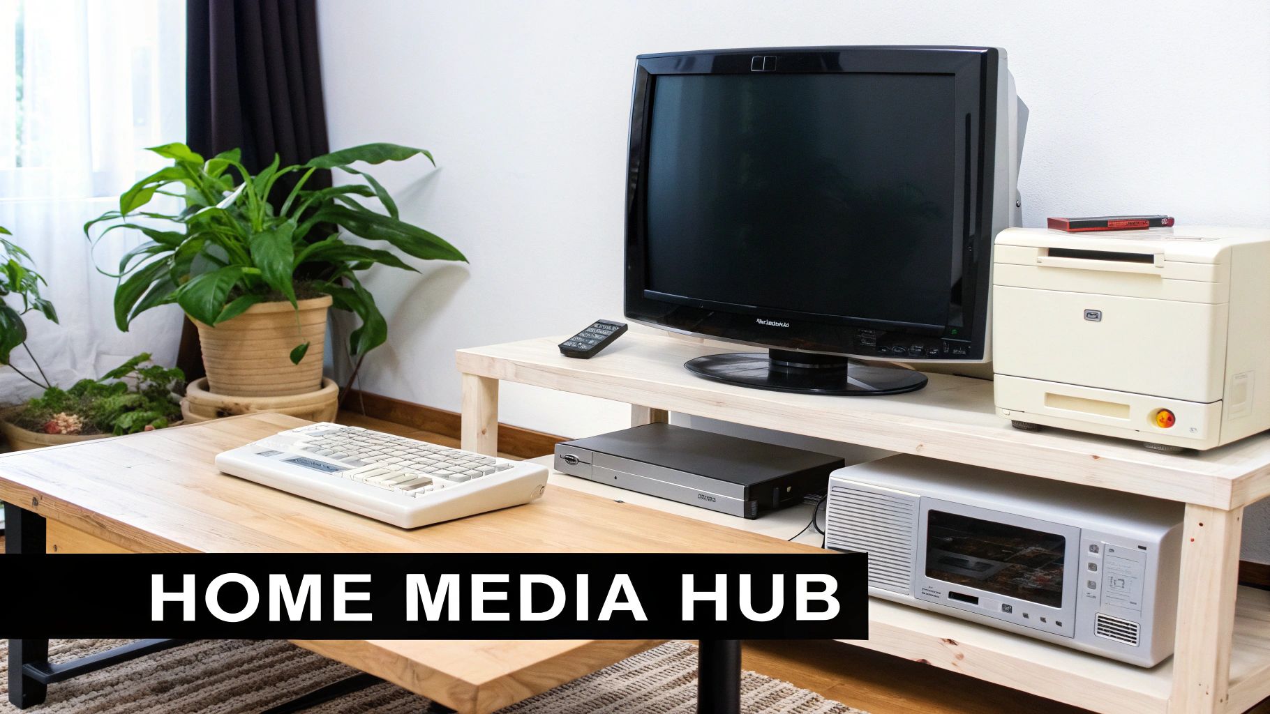 Vintage home media hub setup with CRT television and retro electronic devices on wooden shelving
