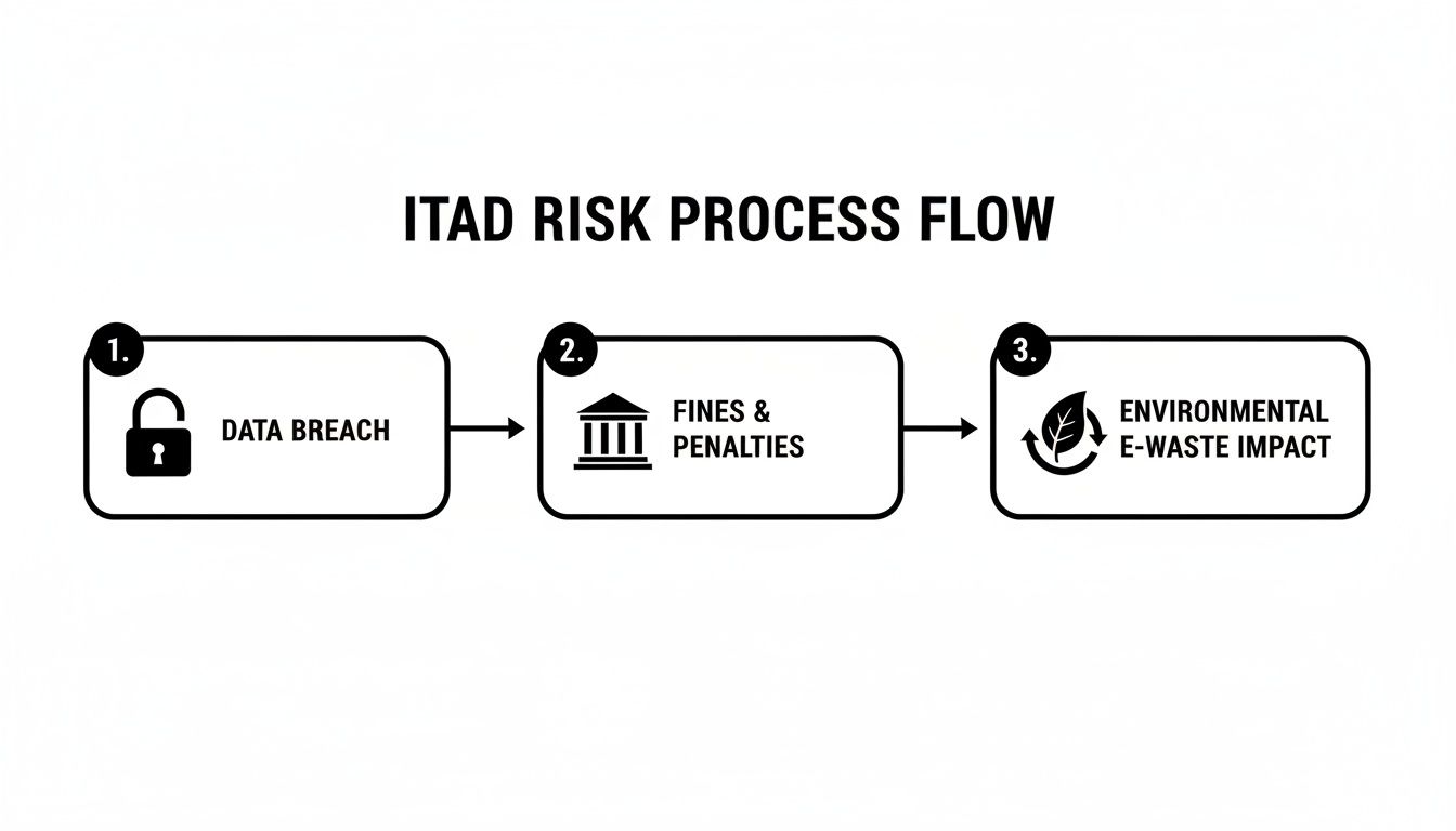 Flowchart illustrating ITAD risks, showing data breach, followed by fines and penalties, and environmental e-waste impact.