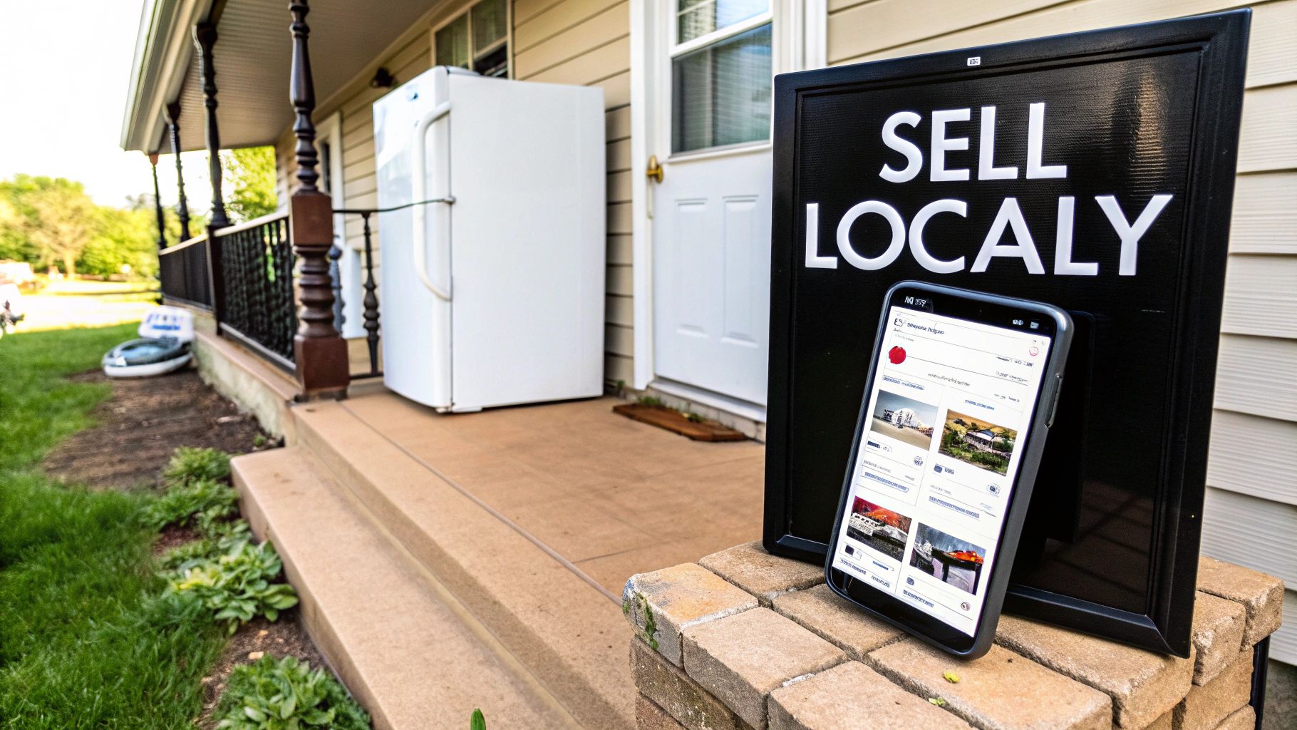 An old white refrigerator sits on a porch next to a 'SELL LOCALLY' sign and smartphone.