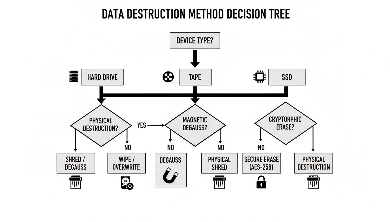 Flowchart illustrating data destruction methods for hard drives, tapes, and SSDs, including physical and logical options.