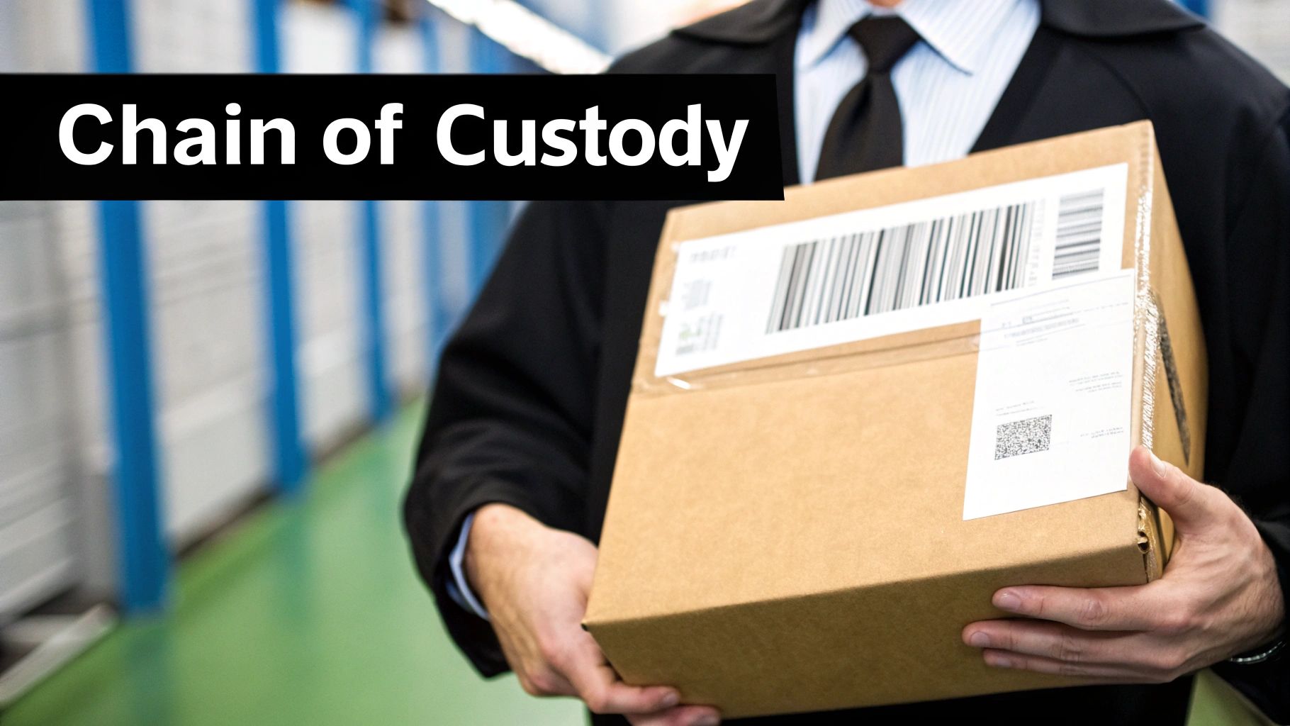 A person in a suit holds a shipping box with a barcode under a 'Chain of Custody' banner.